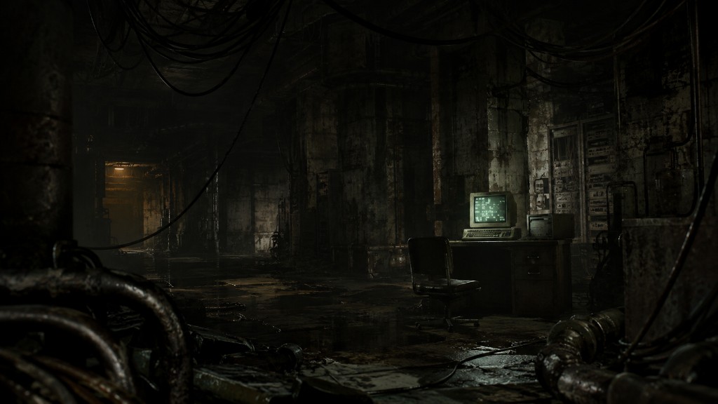 A lone CRT terminal glowing green in a flooded subterranean server room