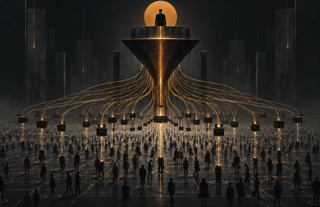 Poster titled The Worst of Us, at Scale: a lone figure stands on a funnel-shaped tower while golden cables fan out to terminals among a vast crowd of people, captioned When capability scales faster than conscience.